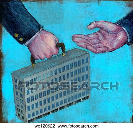 Stock Image - Conceptual illustration of business acquisition over blue background. Fotosearch