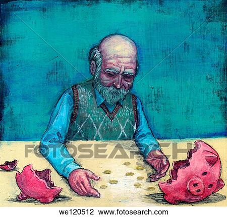Conceptual illustration of elderly man with broken piggy bank View Large Photo Image Stock Image - Conceptual illustration of elderly man with broken piggy bank. Fotosearch