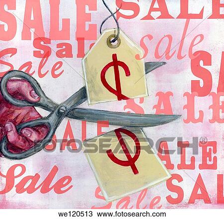 Stock Image - Conceptual illustration of hand cutting price tag depicting reduction in sale. Fotosearch