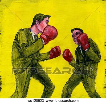 Stock Image - Conceptual image of two businessmen boxing over yellow background. Fotosearch
