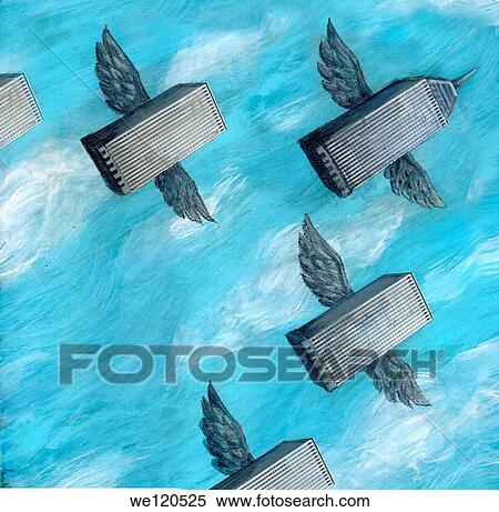 Conceptual shot of office building flying together representing business migration View Large Photo Image Stock Photography - Conceptual shot of office building flying together representing business migration. Fotosearch