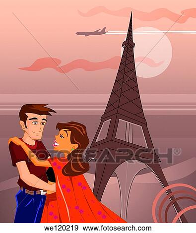 Stock Photo - Couple romancing in front of a tower, Eiffel Tower, Paris, France. Fotosearch