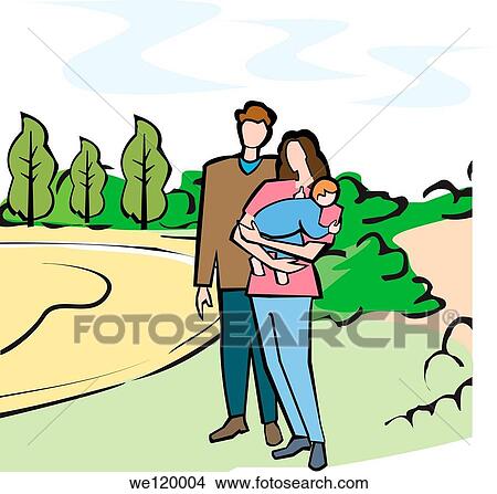 Couple standing in a field with their baby View Large Photo Image Picture - Couple standing in a field with their baby. Fotosearch