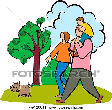 Stock Image - Couple walking in a park with their son and a dog. Fotosearch