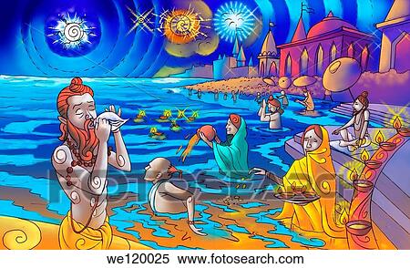 Stock Photography - Devotees taking a ritual dip in the river during Kumb Mela. Fotosearch