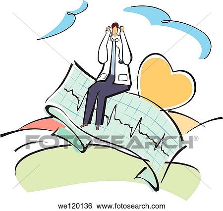 Stock Photograph - Doctor sitting on an ECG report. Fotosearch