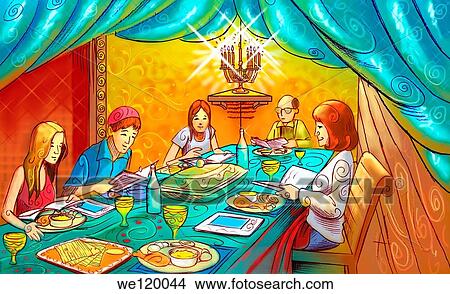 Family at a dining table celebrating Passover festival View Large Photo Image Picture - Family at a dining table celebrating Passover festival. Fotosearch