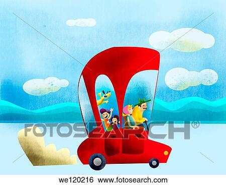 Stock Photograph - Family on holiday trip by a car. Fotosearch