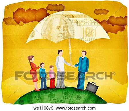 Stock Image - Family sheltering under an insurance cover umbrella. Fotosearch