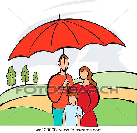 Stock Photo - Family sheltering under an insurance cover umbrella. Fotosearch