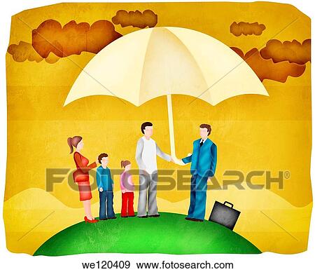 Family sheltering under an insurance cover umbrella View Large Photo Image Stock Photo - Family sheltering under an insurance cover umbrella. Fotosearch