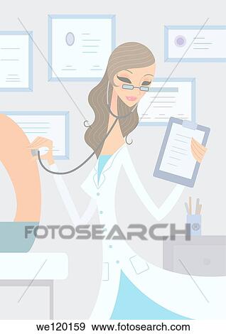 Stock Photo - Female doctor examining a patient with stethoscope. Fotosearch
