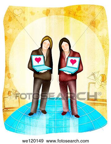 Stock Photo - Female homosexual couple standing with laptops. Fotosearch