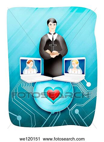 Stock Image - Female newlywed couple with officiate during online wedding. Fotosearch