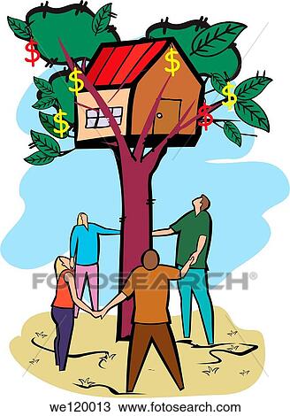 Four people standing around a home on a tree View Large Photo Image Stock Image - Four people standing around a home on a tree. Fotosearch