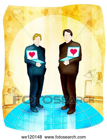 Gay couple standing with laptops View Large Photo Image Stock Photo - Gay couple standing with laptops. Fotosearch