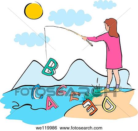 Stock Photograph - Girl fishing out alphabets. Fotosearch