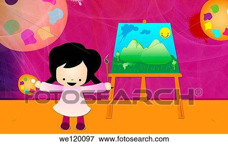 Girl standing in front of an easel View Large Photo Image Stock Photo - Girl standing in front of an easel. Fotosearch