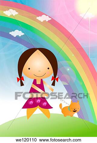 Girl walking with her dog in front of a rainbow, India View Large Photo Image Stock Image - Girl walking with her dog in front of a rainbow, India. Fotosearch