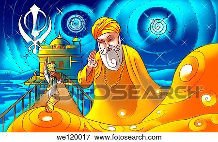 Guru Nanak Dev the first guru of Sikhism with golden temple in the background View Large Photo Image Stock Photo - Guru Nanak Dev the first guru of Sikhism with golden temple in the background. Fotosearch