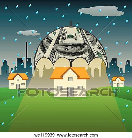 Stock Photo - House sheltering with an insurance umbrella in rain. Fotosearch