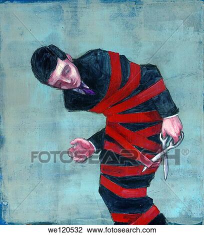 Stock Image - Illustration of a tied up businessman cutting red tape by a scissor over colored background. Fotosearch