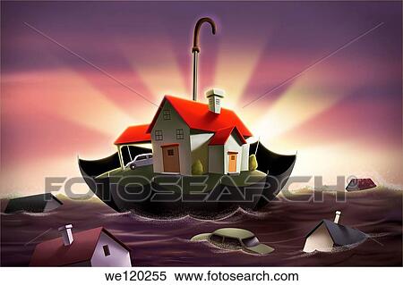 Illustration of an umbrella protecting house from flood representing home insurance View Large Photo Image Stock Photography - Illustration of an umbrella protecting house from flood representing home insurance. Fotosearch