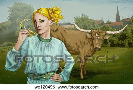 Illustrative image of confident young woman with cow in background View Large Photo Image Stock Photography - Illustrative image of confident young woman with cow in background. Fotosearch