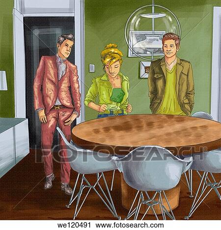 Stock Image - Illustrative image of confused woman standing with men representing dilemma. Fotosearch