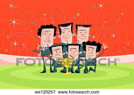 Illustrative image of happy businessmen with trophy celebrating victory View Large Photo Image Stock Photo - Illustrative image of happy businessmen with trophy celebrating victory. Fotosearch