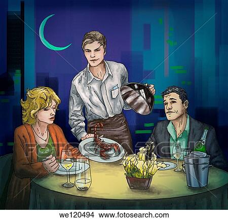 Illustrative image of male waiter serving scorpion to couple View Large Photo Image Picture - Illustrative image of male waiter serving scorpion to couple. Fotosearch