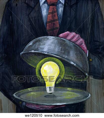 Illustrative image of man serving glowing light bulb in platter representing new ideas View Large Photo Image Stock Image - Illustrative image of man serving glowing light bulb in platter representing new ideas. Fotosearch