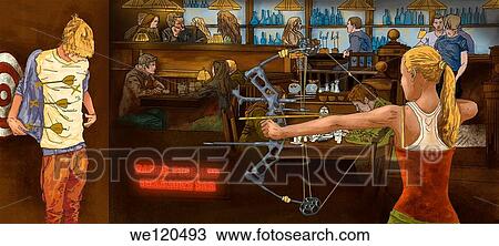 Illustrative image of woman aiming arrow toward man at bar View Large Photo Image Stock Image - Illustrative image of woman aiming arrow toward man at bar. Fotosearch