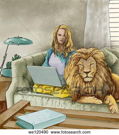 Illustrative image of woman with laptop sitting beside lion on sofa View Large Photo Image Stock Image - Illustrative image of woman with laptop sitting beside lion on sofa. Fotosearch