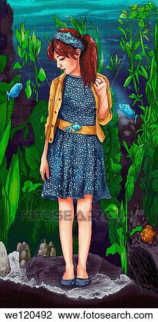 Stock Image - Illustrative image of young woman underwater with fishes and reeds. Fotosearch