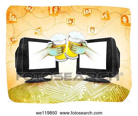 Stock Image - Illustrative representation of two online friends toasting with beer glasses. Fotosearch