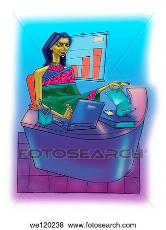 Indian businesswoman in sari working on a laptop in an office View Large Photo Image Stock Photo - Indian businesswoman in sari working on a laptop in an office. Fotosearch