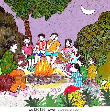 Stock Photograph - Kids and a man camping in a forest. Fotosearch