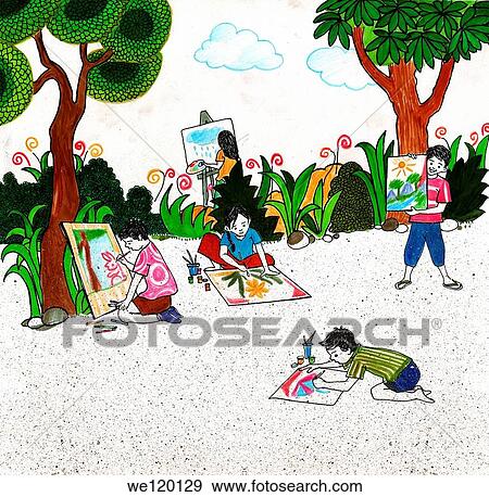 Kids drawing in a painting class View Large Photo Image Stock Photo - Kids drawing in a painting class. Fotosearch