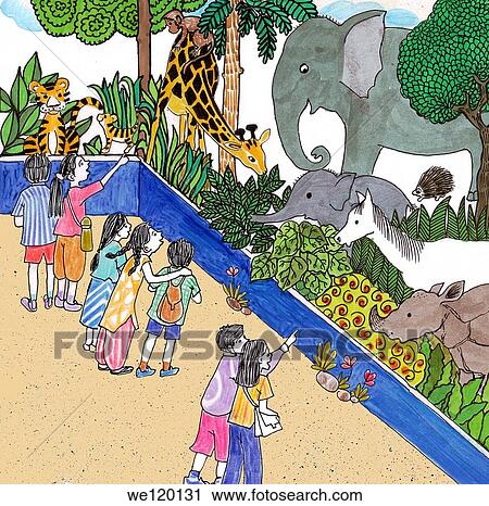Stock Image - Kids enjoying at a zoo. Fotosearch
