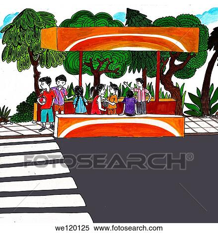 Stock Photography - Kids waiting at bus stop. Fotosearch
