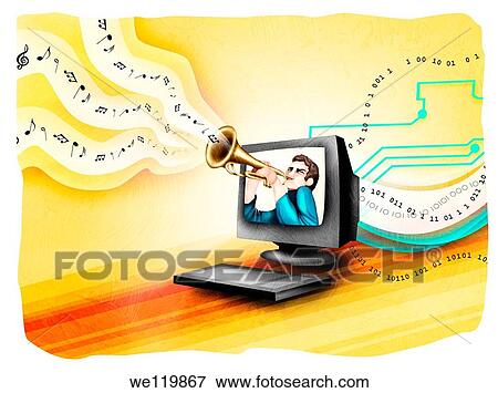 Stock Photo - Man playing a trumpet in a computer. Fotosearch