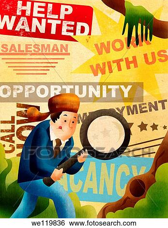 Stock Photograph - Man searching job with holding magnifying glass. Fotosearch