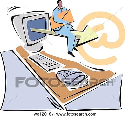 Man sitting on an arrow coming from computer monitor and holding email View Large Photo Image Stock Photo - Man sitting on an arrow coming from computer monitor and holding email. Fotosearch