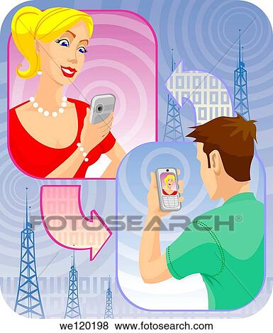 Stock Photo - Man video voice chatting through mobile phones with a woman. Fotosearch