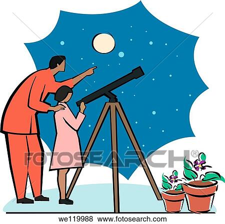 Stock Photo - Man with his daughter looking through an astronomy telescope. Fotosearch