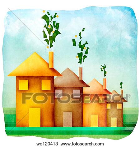 Money emerging from the chimneys of houses View Large Photo Image Stock Image - Money emerging from the chimneys of houses. Fotosearch