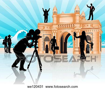 Stock Image - Movie shooting at a monument, Gateway of India, Mumbai, Maharashtra, India. Fotosearch