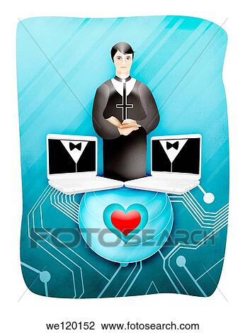 Newlywed gay couple with officiate during online marriage View Large Photo Image Stock Image - Newlywed gay couple with officiate during online marriage. Fotosearch