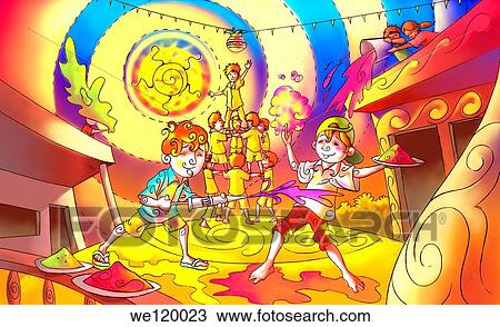 Stock Image - People celebrating Holi festival. Fotosearch